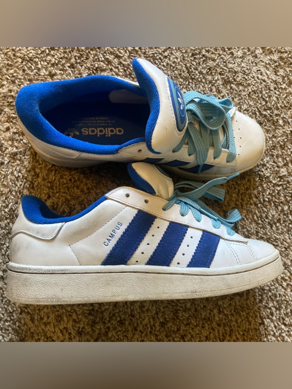 Adidas Campus White Leather Sneakers with Blue Stripes and Light Blue Laces
